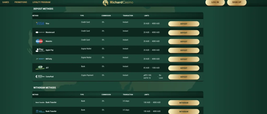 richard casino payments page